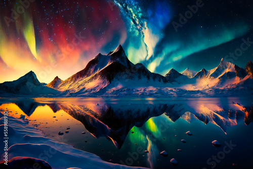 Winter landscape with aurora reflected in water. Generative AI.