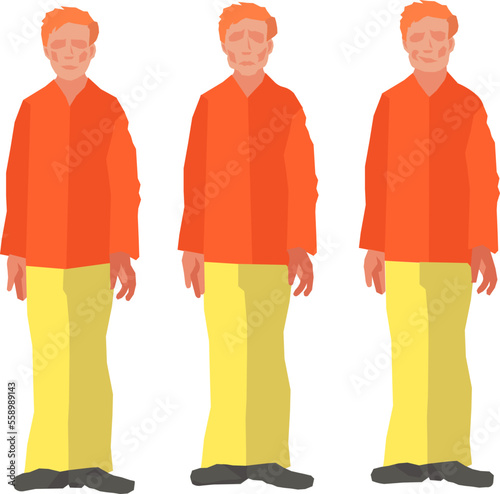 Three moods. Confident-calm, sad-confused, cheerful-cunning. Vector drawing of a fictional, funny, abstract character. Drawn by hand. Orange mood.