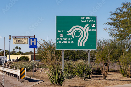 sign at the roundabout in historic Wickenburg, Arizona for US 60 toward Wickenburg and Los Angeles, and US 93 toward Kingman and Las Vegas. photo