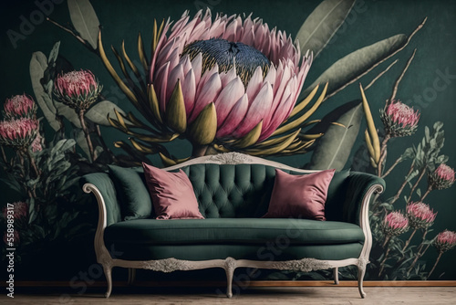 A stylish room's décor features a sofa and a gorgeous protea flower on the wall. Generative AI