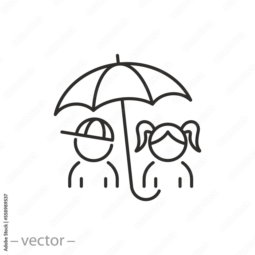 child insurance icon, protection of children's rights, boy with girl under an umbrella, thin line symbol on white background - editable stroke vector illustration child insurance icon, protection of children's rights, boy with girl under an umbrella, thin line symbol on white background - editable stroke vector illustration