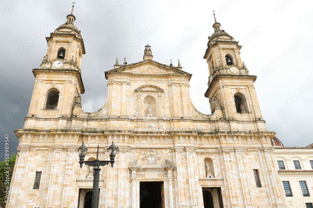 Close up Main Cathedral in Bogota Simon Bolivar Plaza. 