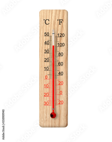 Wooden celsius and fahrenheit scale thermometer isolated on transparent background. PNG file. Ambient temperature plus 39 degrees photo