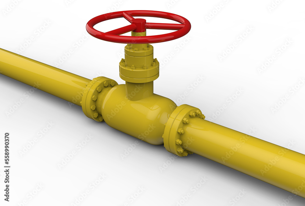 3d Render image of yellow colored pipeline and red colored valve on isolated background. 3d Render image of yellow colored pipeline and red colored valve on isolated background.