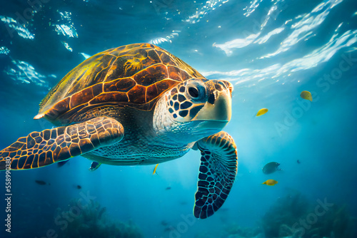 Fotografia Sea turtle swims under water.  Generative AI.
