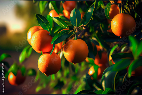 Ripe Oranges Hanging On Tree. Generative AI .