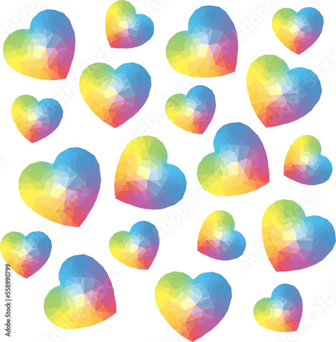 Set of colorful heart in low poly style on a white background