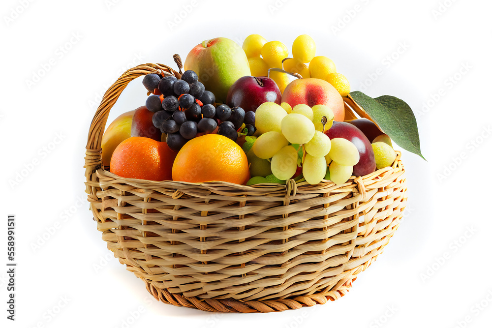 Composition with variety of fruits and wicker basket isolated on white.  Generative AI.