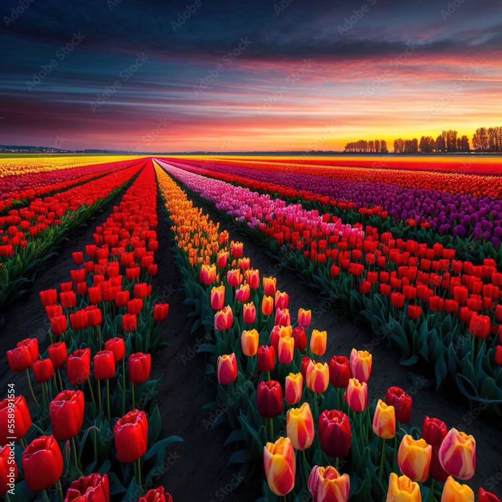 a field of flowers with a sunset in the background and a sky filled with clouds above it.