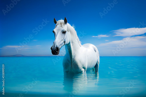  Portrait of a horse on a blue sea background. Generative AI.