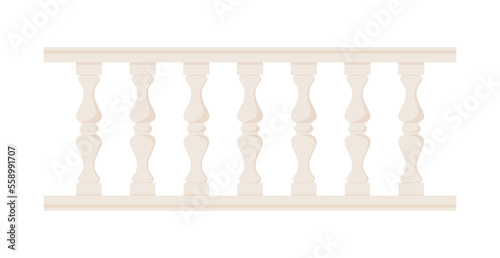 Stone balustrade with balusters for fencing. Palace fence. Balcony handrail with pillars. Decorative railing. Castle architecture element. Flat vector illustration isolated on white background