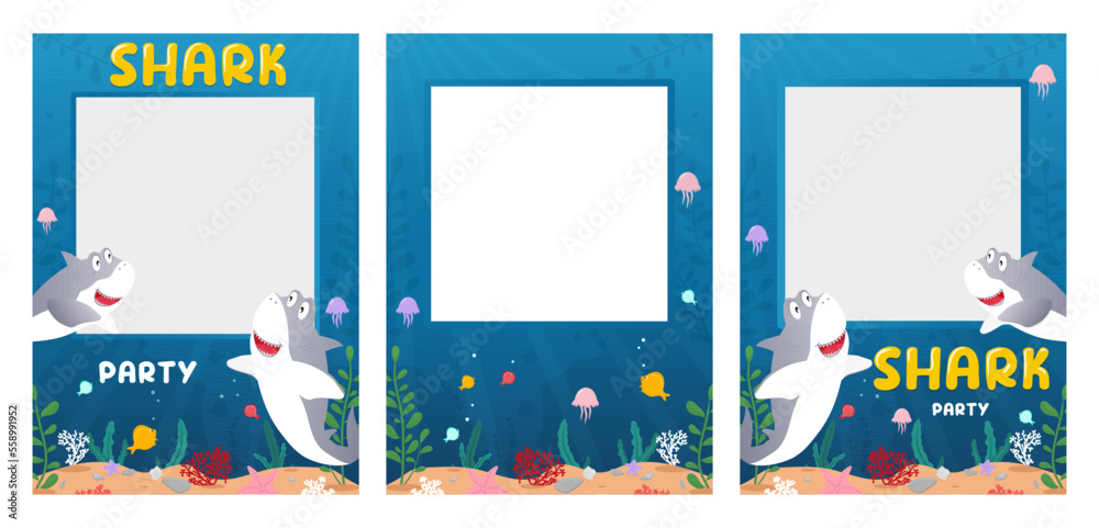 Set of shark party photo booth props for Birthday celebration. Cartoon selfie concept with cute shark characters and seaparty. Photo booth props with seabed background. Flat style Vector illustration.