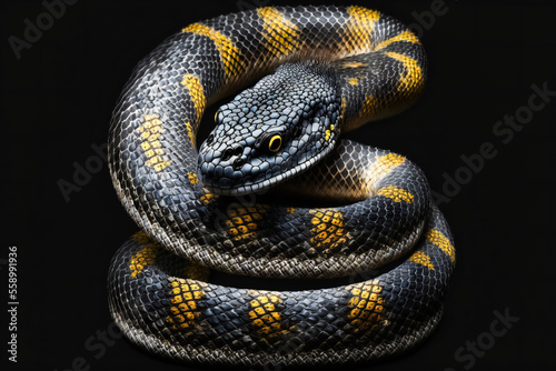  close up of a snake on a black background.  Generative AI.