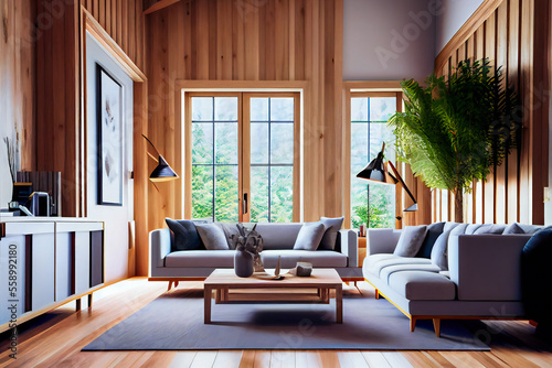 Wooden modern interior style. Generative AI.
