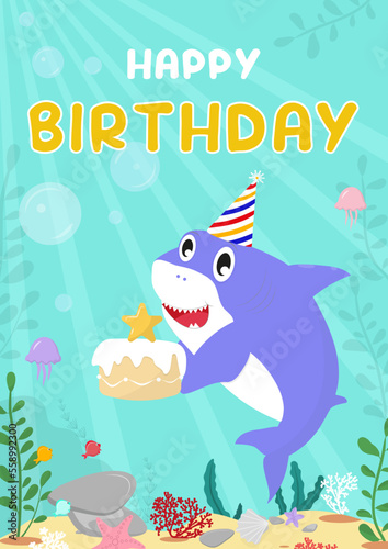 Happy Birthday cartoon greeting card with cute shark holding a cake. Shark themed Birthday design template for party, poster, invitation, greeting card. Vector illustration 
