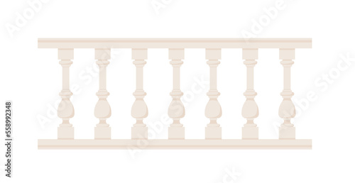 Stone balustrade with balusters for fencing. Palace fence. Balcony handrail with pillars. Decorative railing. Castle architecture element. Flat vector illustration isolated on white background