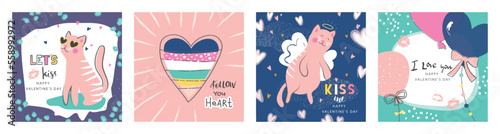 Set of Valentines Day cards with cute hand drawn elements.Vector illustration for postcards,posters, coupons, promotional material.