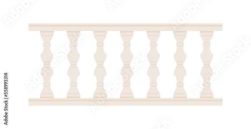 Stone balustrade with balusters for fencing. Palace fence. Balcony handrail with pillars. Decorative railing. Castle architecture element. Flat vector illustration isolated on white background