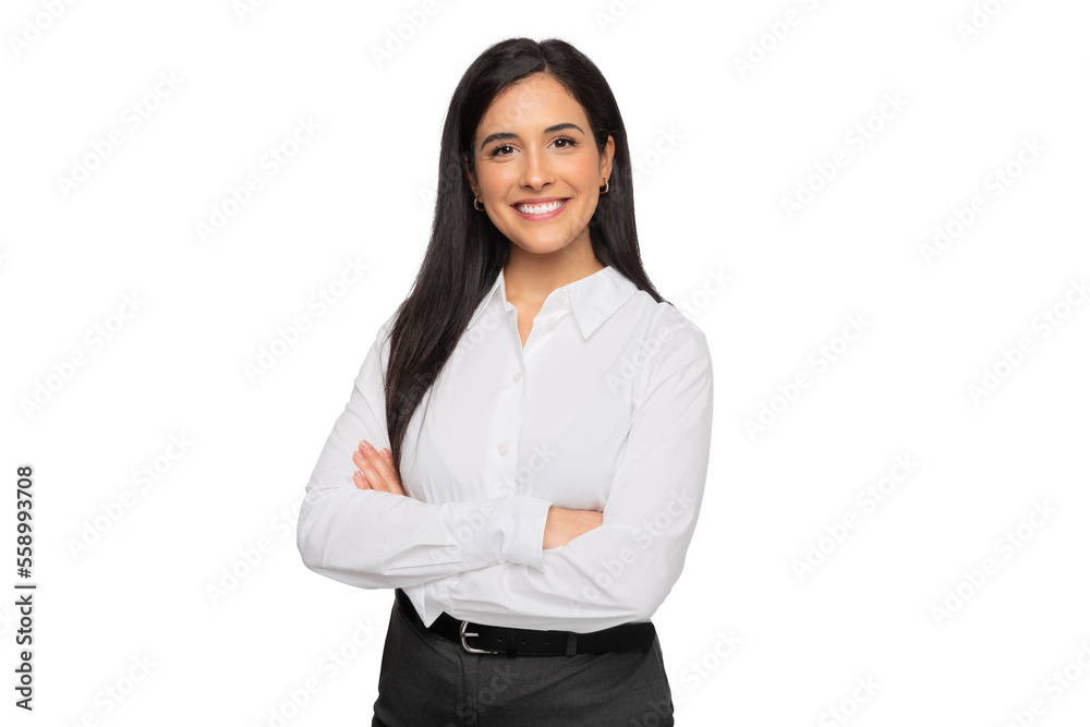 Cheerful brunette business woman student in white button up shirt, smiling confident and cheerful with arms folded, isolated on a white background - obrazy, fototapety, plakaty 