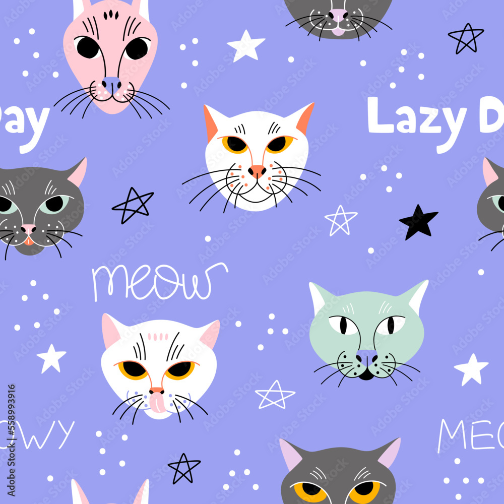 Funny faces of cats with abstract decor on a purple background. Vector seamless pattern with cute pets. Print for shopper or wrapping paper.