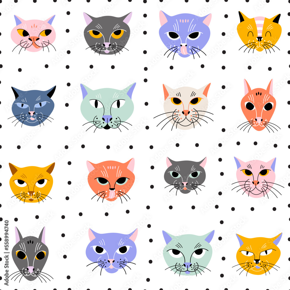 Funny faces of cartoon cats on a checkered background. Vector seamless pattern with cute pets. Print for fabric or wallpaper. Funny faces of cartoon cats on a checkered background. Vector seamless pattern with cute pets. Print for fabric or wallpaper.