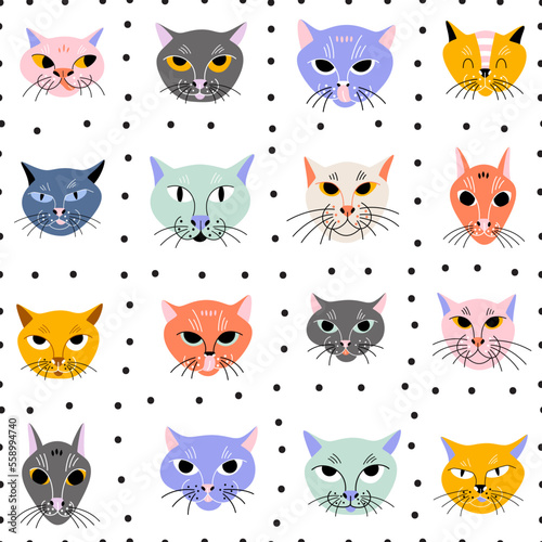 Funny faces of cartoon cats on a checkered background. Vector seamless pattern with cute pets. Print for fabric or wallpaper.