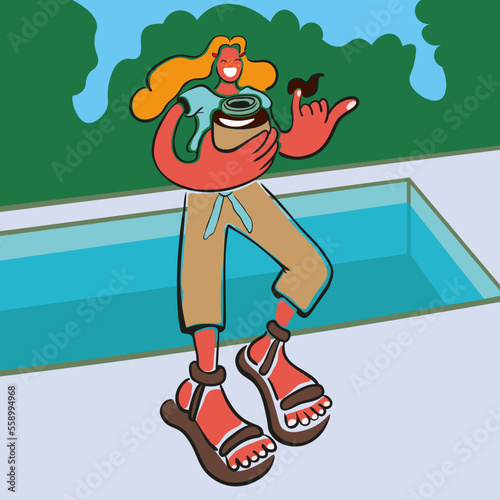 human eats chocolate paste. a young girl is standing by the pool. cheerful girl flat style. illustration with background in vector.
