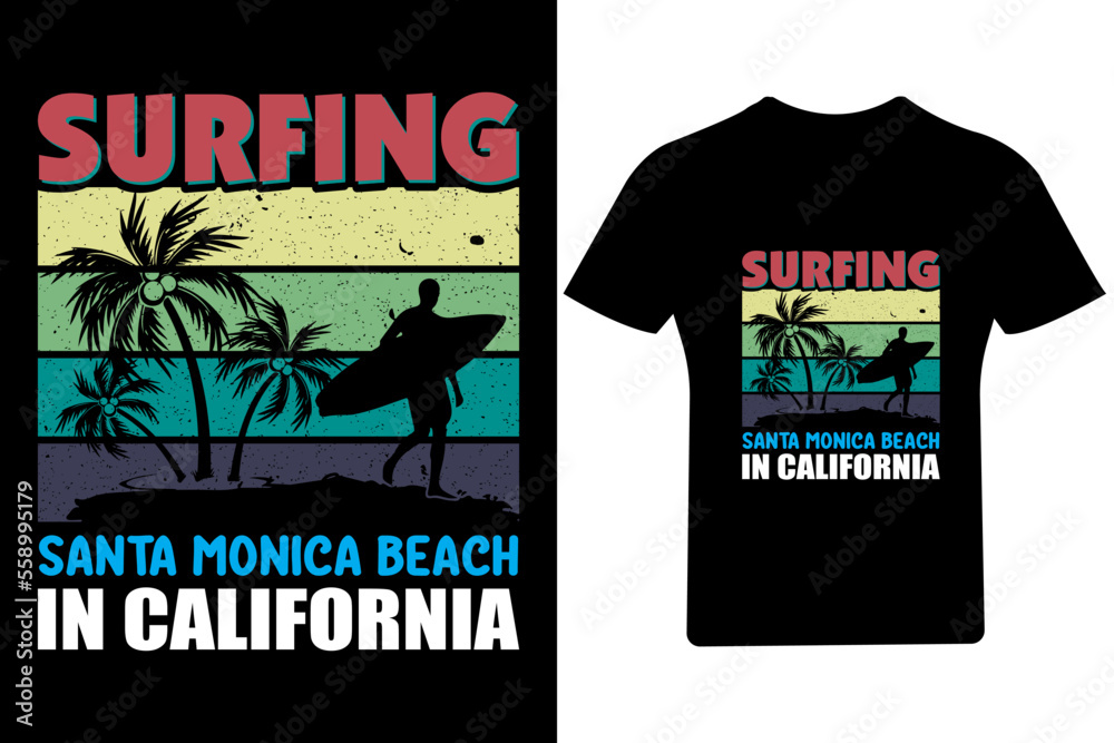Surfing santa monica beach in california T Shirt Design,