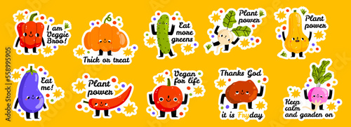 Organic vegetables sticker collection. Set of vegetables and herbs. Farm slogans. Hand drawn cartoon cute illustration for stickers  posters  wall art. Kids graphic. Stickers with funny hand lettered
