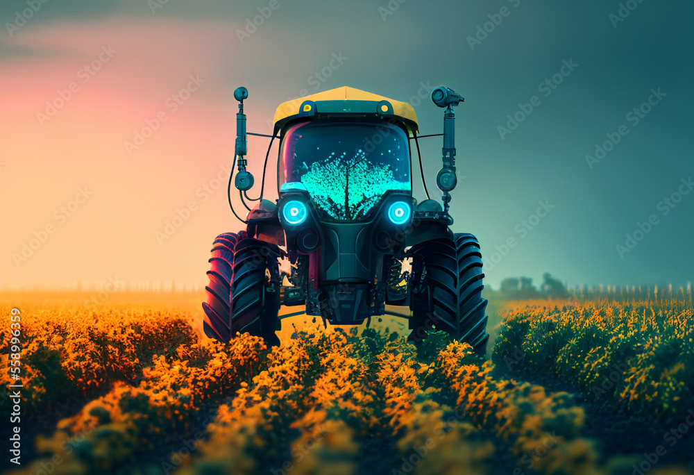 Vision for future of agriculture. Autonomous tractor works in field. Field processing with help of high-tech technology..