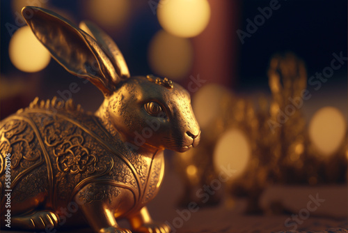 Happy chinese new year of the gold rabbit zodiac sign made of gornate vitage gold  on blurred Background. generative ai. photo