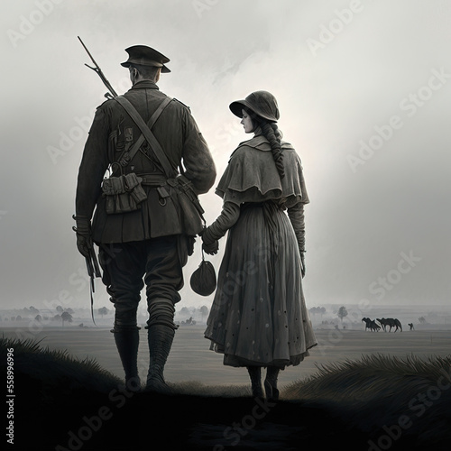 Soldier and his wife walk across a square., ww2 walking, world war. Generative AI. photo