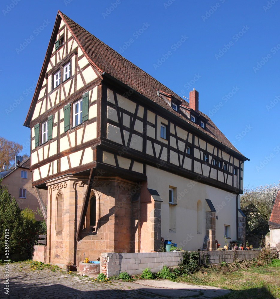 Conversion of the medieval hospital chapel of Heilsbronn monastery into a half-timbered residential house, Franken region in Germany