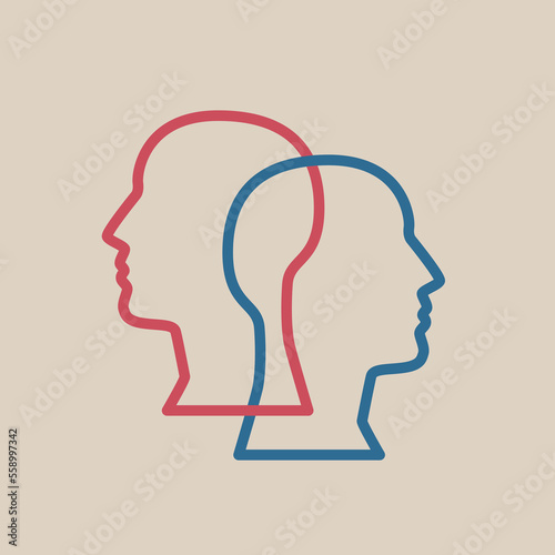 Collaboration. Two intertwined human heads. Interpersonal relationships, empathy, understanding. Line design. Vector illustration.