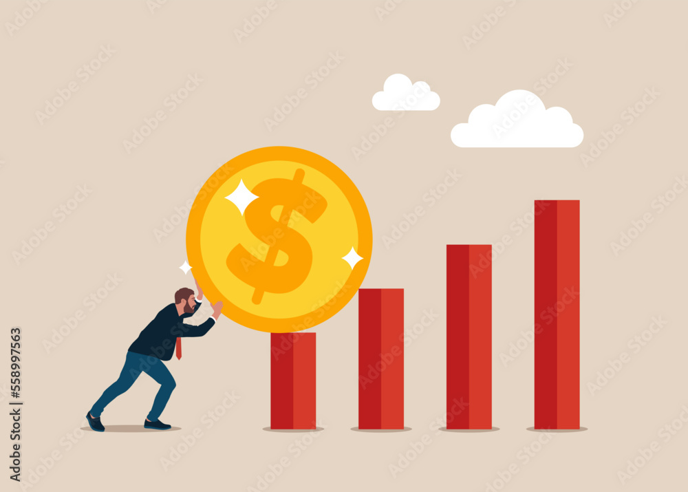 Businessman trying push dollar coin. Business profit increasing. Modern flat vector illustration Businessman trying push dollar coin. Business profit increasing. Modern flat vector illustration