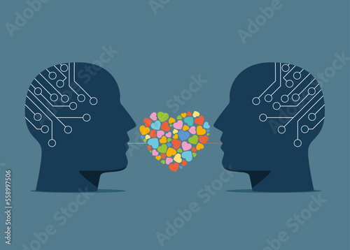 Faces of man and woman, girl and guy. Two profiles together. Relationships, family symbol. Vector psychology illustration of family therapy