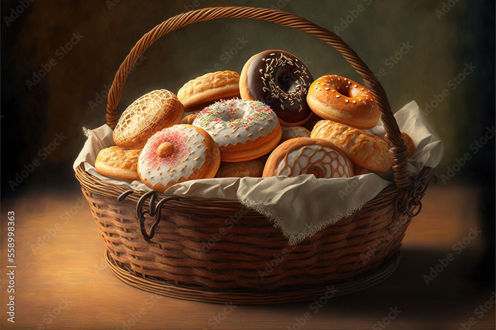 a basket of donuts on a table with a cloth on it and a cloth bag on the side of the basket.
