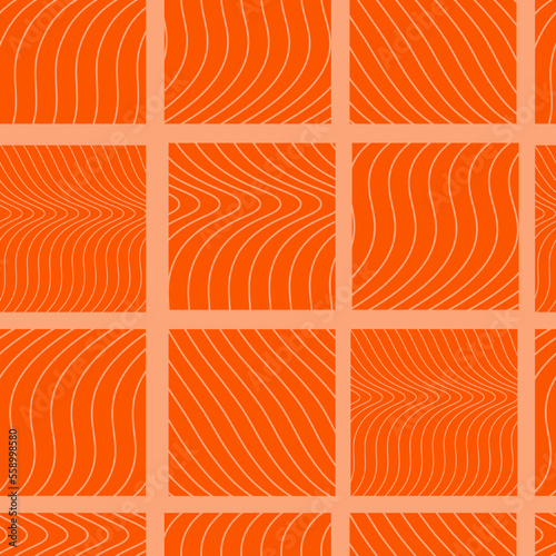 Seamless texture of salmon fillet. Meat of red fish. Seamless pattern of fish trout. Theme of rolls and sushi. Asian cuisine