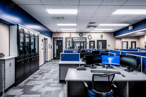 Police station interior, office, computers. Generative AI