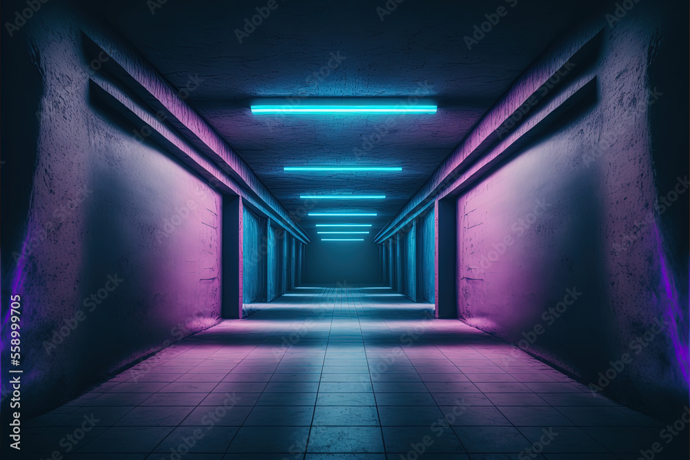  Dark club  Neon Sci Fi Futuristic Retro Purple Blue Glowing Ceiling Lights Concrete Grunge Garage Stage Tunnel Room Hall 3D Rendering. Laser Show. Generative ai