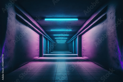  Dark club Neon Sci Fi Futuristic Retro Purple Blue Glowing Ceiling Lights Concrete Grunge Garage Stage Tunnel Room Hall 3D Rendering. Laser Show. Generative ai