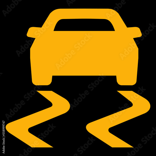 Amber vector graphic on a black background of a dashboard warning light for the traction control system