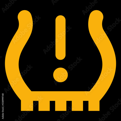 Amber vector graphic on a black background of a dashboard warning light for tyre pressure problem