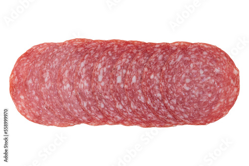 pieces of sliced salami sausage laid out to create layout, salami sausage slices isolated on white background