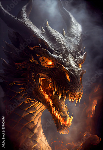 A furious black dragon in the magic glow. AI generated © bzzup