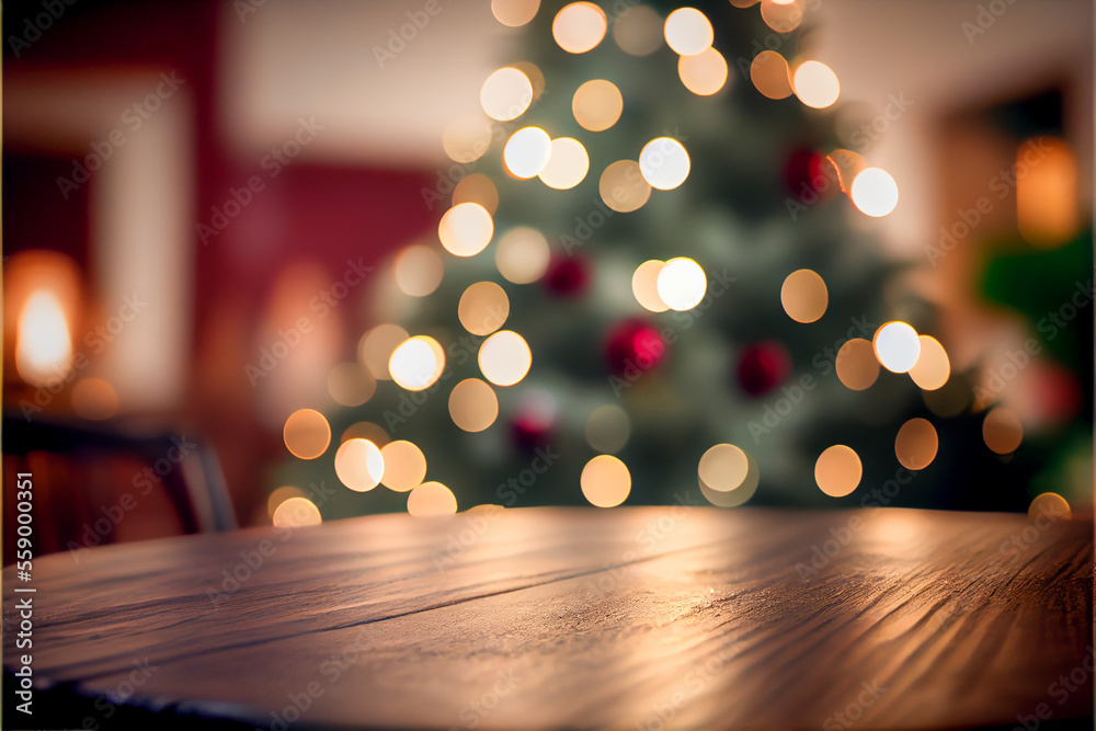 Christmas and New year background with empty wooden table in front of christmas tree and blurred light bokeh. AI generated Christmas and New year background with empty wooden table in front of christmas tree and blurred light bokeh. AI generated