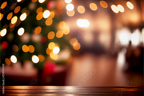 Christmas and New year background with empty wooden table in front of christmas tree and blurred light bokeh. AI generated