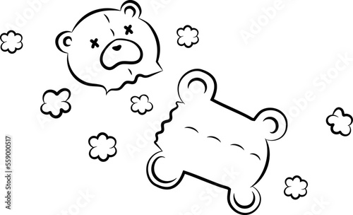 A teddy bear with its head torn off, a sad teddy bear. Vector black and white illustration.