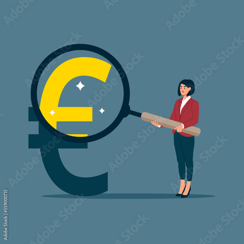 Businesswoman investor holding a magnifying glass analyzing euro prices. Revenue growth or investment profit. Modern flat vector illustration.