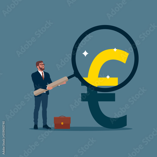 Businessman investor holding a magnifying glass analyzing euro prices. Revenue growth or investment profit. Flat vector illustration.